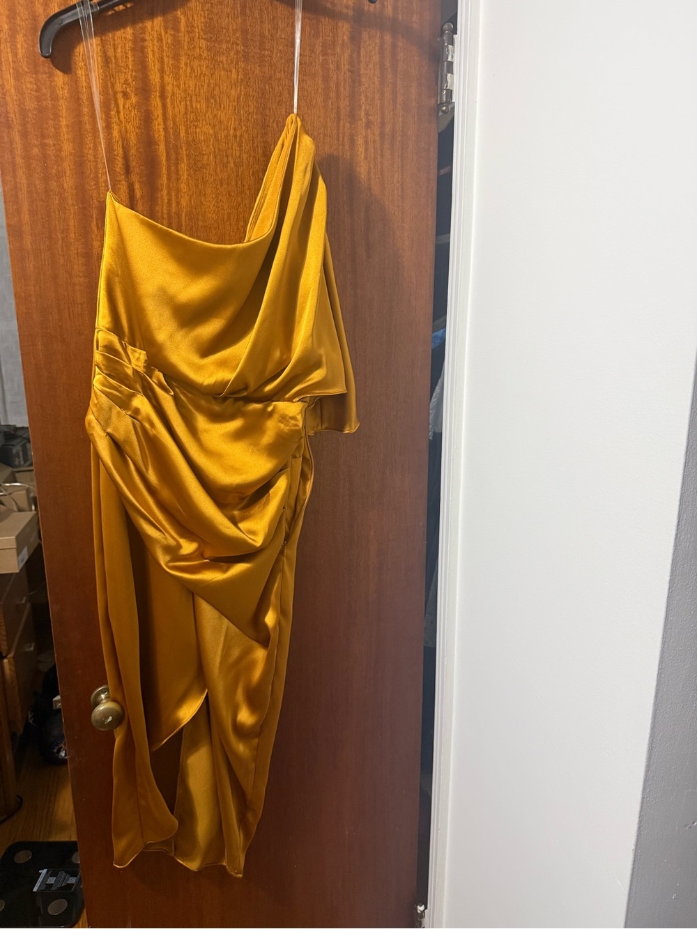 DO+BE One-Shoulder Draped Satin Dress in Mustard Gold